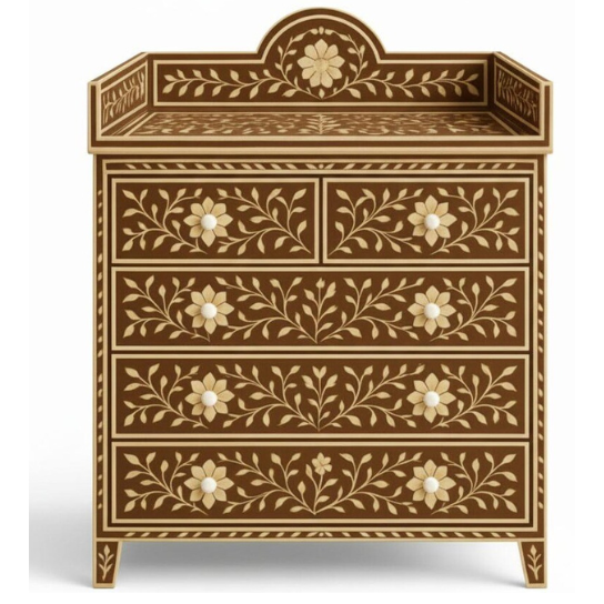 Floral Bone Inlay Dresser – Handmade Indian Boho 5-Drawer Chest