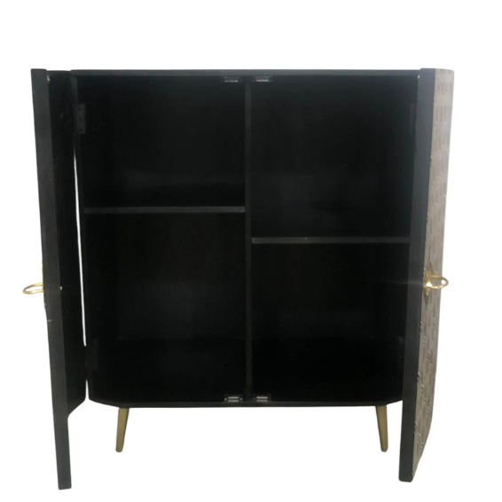Handmade Bone Inlay Cabinet: Geometric Black and White Sideboard with Brass Handles