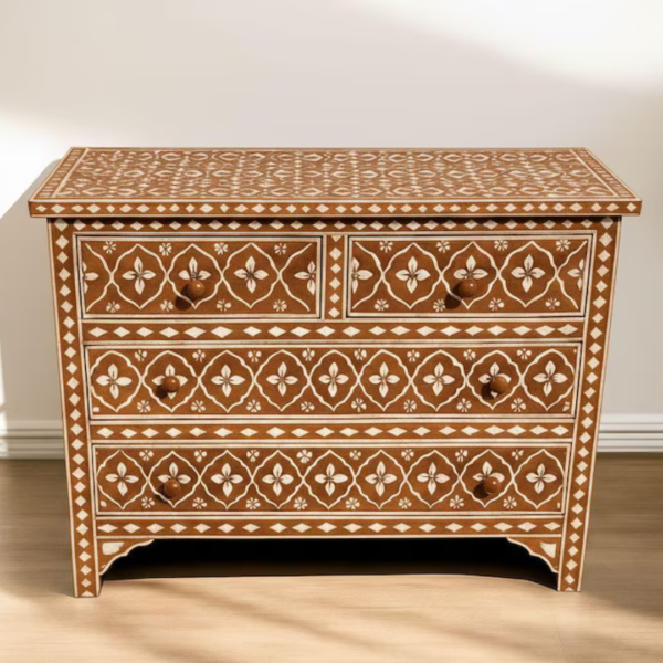 Pink Bone Inlay Dresser: Handmade Boho Chic 4-Drawer Cabinet