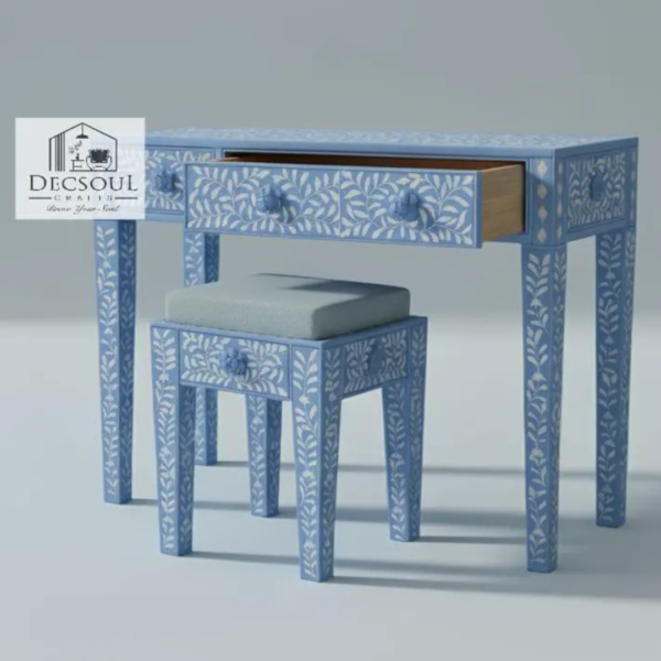 4 Handmade Bone Inlay Console Table: Geometric Boho Desk