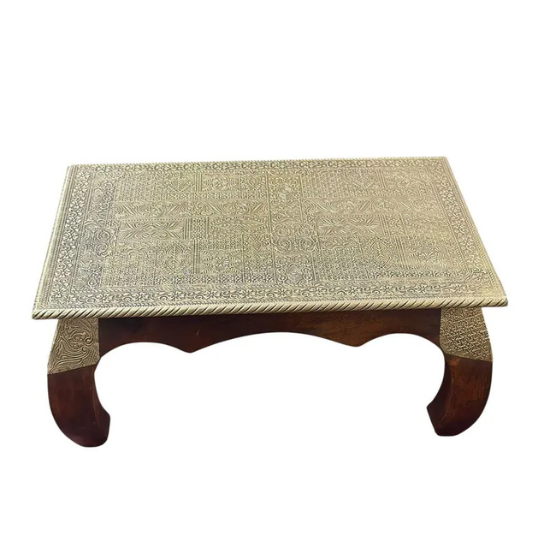 Handcrafted Brass Embossed Wooden Chowki – Traditional Decorative Platform-Bajot-Pooja-home decor-gift-spritual-