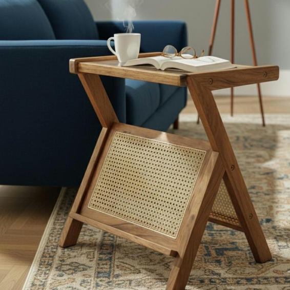 Handmade Cane Side Table with Glass Top | Boho Accent Table.