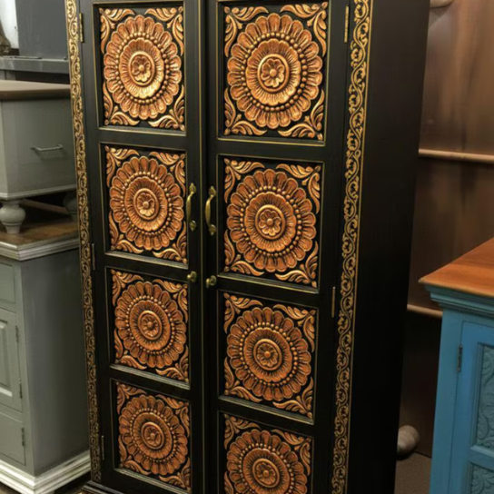 Hand Carved Wooden Cabinet – Black & Gold Armoire with Floral Design