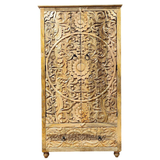 Hand Carved Mango Wood Armoire: Bohemian Mandala Floral Wardrobe