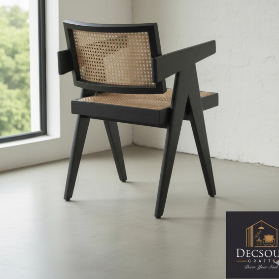 Handmade Pierre Jeanneret Style Back Accent Wooden Chair: Mid-Century Modern Style Rattan Cane.