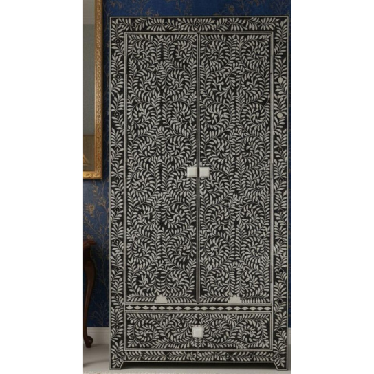 Bone Inlay Armoire – Handmade Indian Storage Cabinet, Luxury Bedroom Wardrobe, Intricate Floral Inlay Furniture