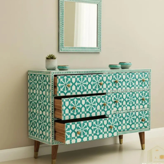 Green Geometric Bone Inlay Cabinet | Handmade Modern Sideboard | Luxury Accent Storage Furniture.