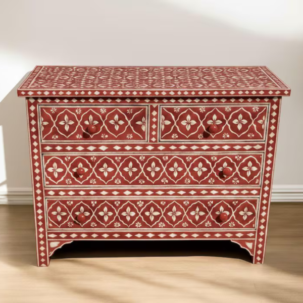 Pink Bone Inlay Dresser: Handmade Boho Chic 4-Drawer Cabinet