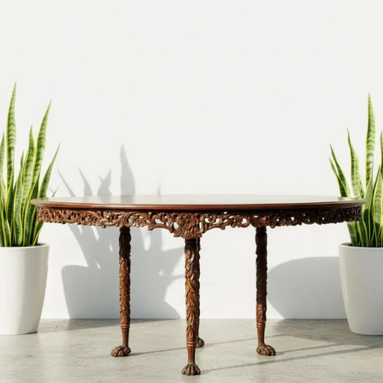 Handcrafted Round Shape Solid Wood Carved Dining Table — Floral Engraved Entryway Table