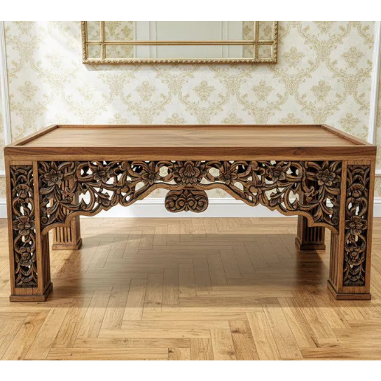 Hand-Carved Mango Wood Dining Table Set with 4 Chairs