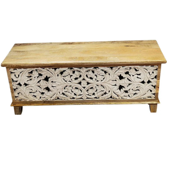 Hand-Carved Mango Wood Chest – Floral Indian Blanket Box | Boho Storage Trunk