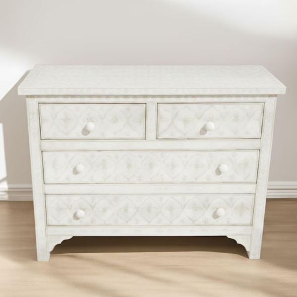 Pink Bone Inlay Dresser: Handmade Boho Chic 4-Drawer Cabinet