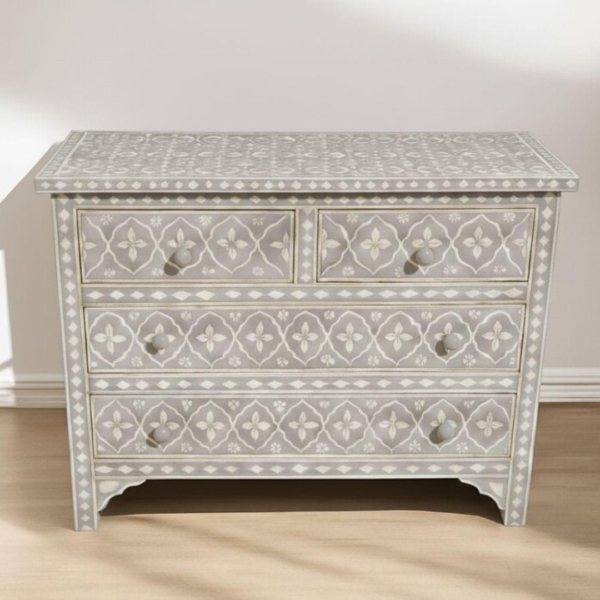 Pink Bone Inlay Dresser: Handmade Boho Chic 4-Drawer Cabinet