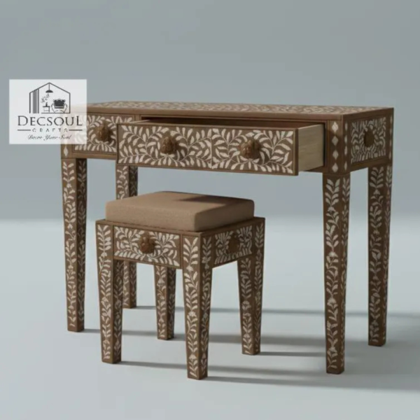 8 Handmade Bone Inlay Console Table: Geometric Boho Desk