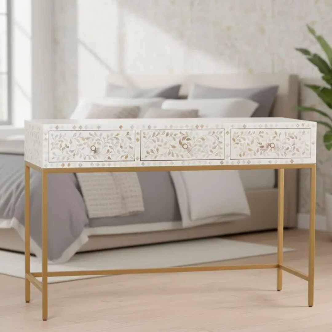 Mother of Pearl Inlay Vanity & Stool Set Handmade Floral Dressing Table