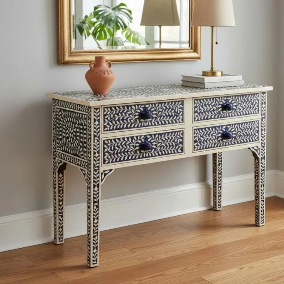 Handcrafted Bone Inlay Desk: Floral Elegance, 4-Drawer Console Table