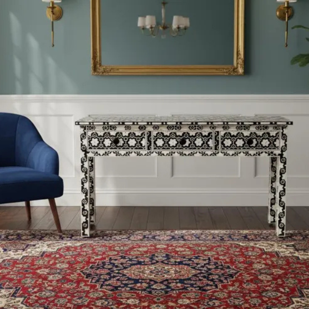 Handmade Bone Inlay Console Table: Geometric Boho Desk