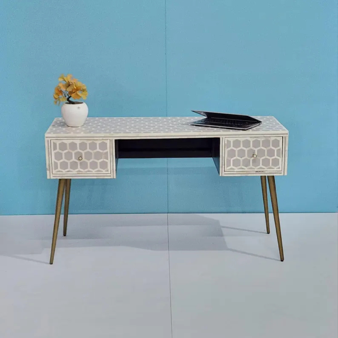 Handmade Bone Inlay Writing Desk: Modern Honeycomb Console Table with Brass Legs