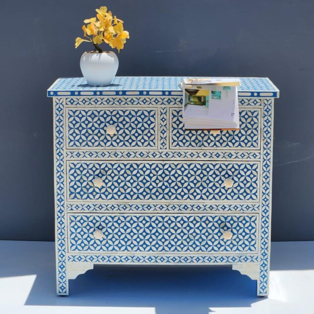 Bone Inlay Chest of Drawers: Blue Geometric Accent Furniture