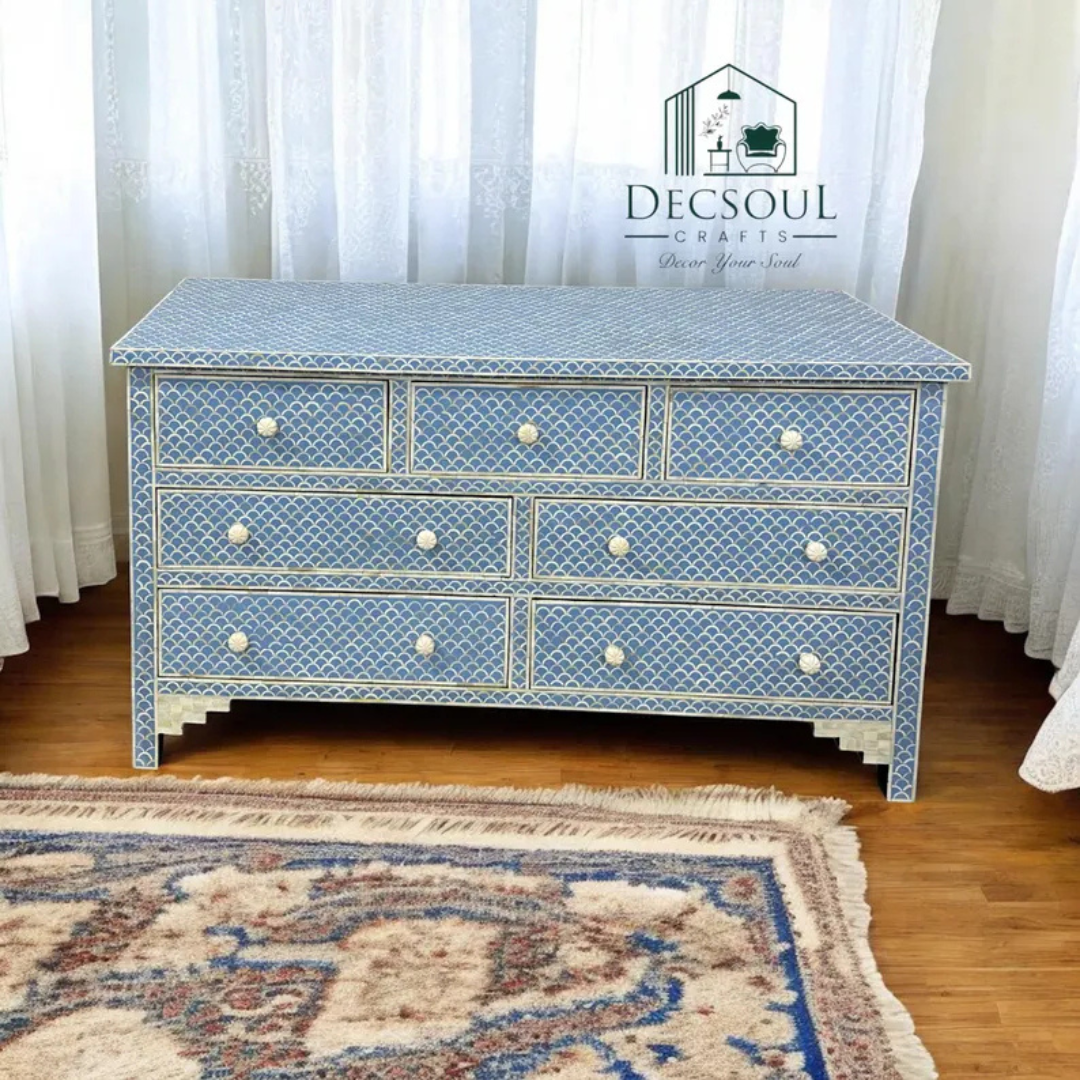 1 Bone Inlay Sideboard: Handmade Floral 7-Drawer Boho Dresser
