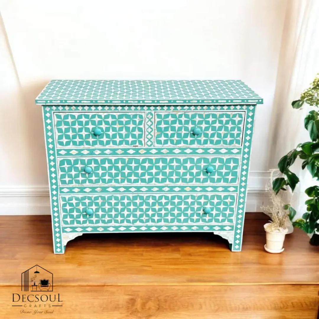 Mother of Pearl Inlay Dresser: Teal Geometric Bohemian Accent Cabinet