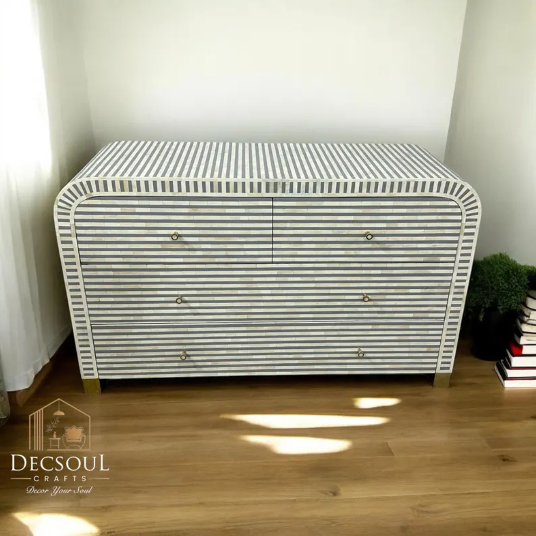 Handmade Bone Inlay Dresser: Grey White Striped 6-Drawer Cabinet