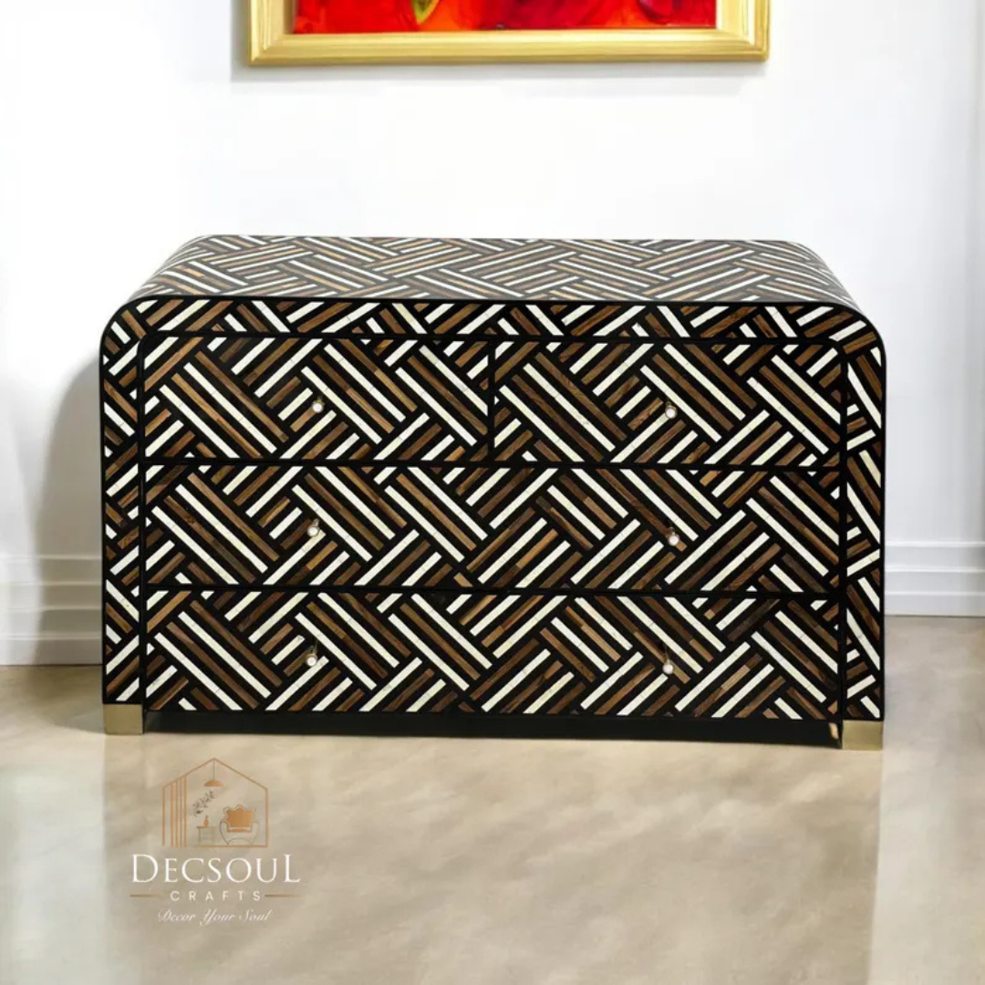 Bone Inlay Dresser | Brown Geometric Chest of Drawers | Rattan Basketweave Accent | Modern Luxury Storage
