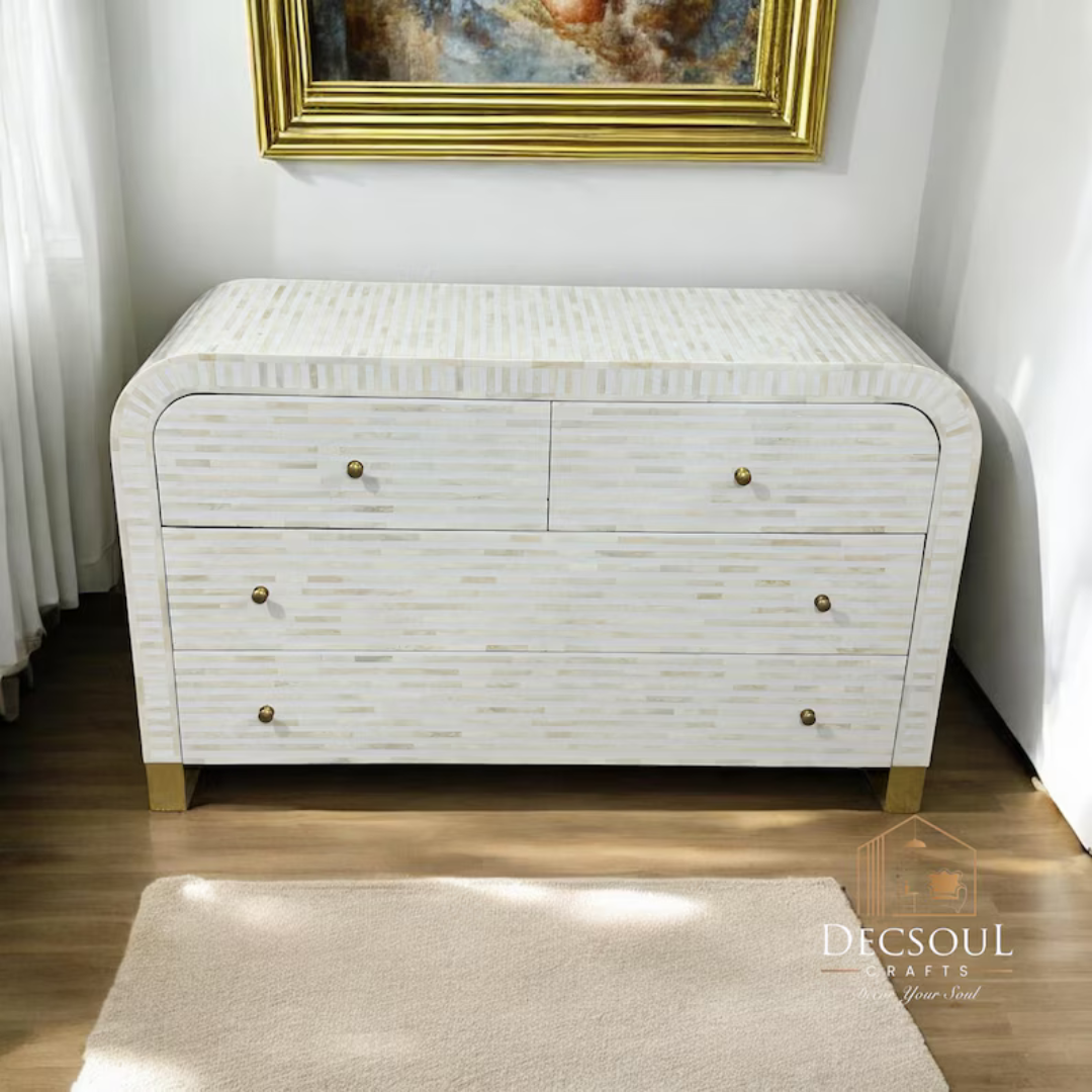 Handmade Bone Inlay Dresser with Brass Legs: Boho Bedroom Decor