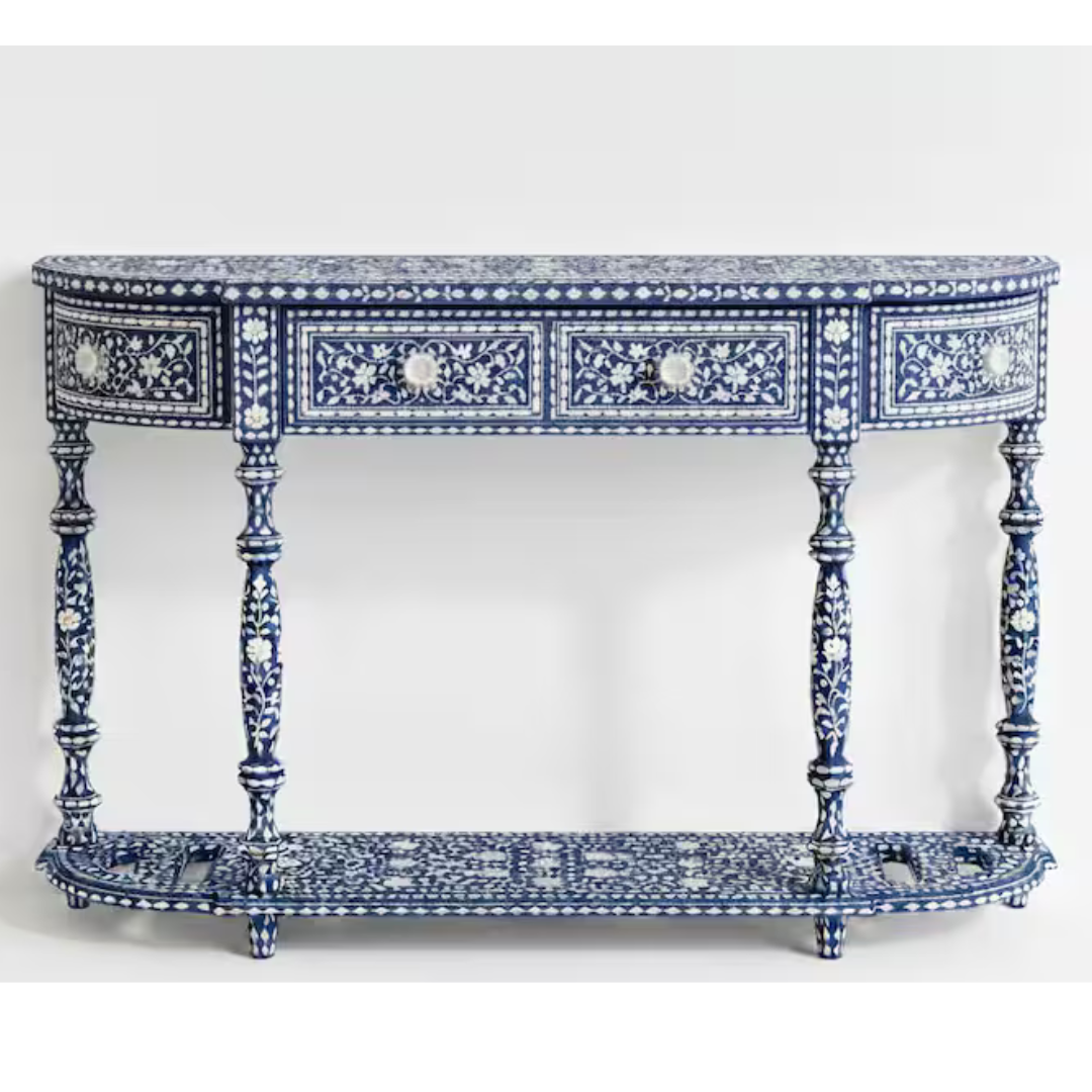 Handmade Blue Bone Inlay Console Table | Floral Hall Table, Indian Art