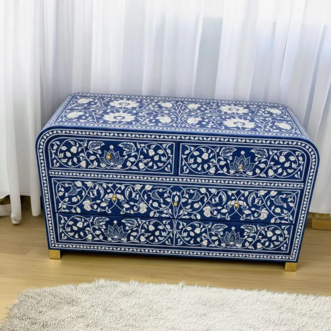 Handmade Bone Inlay Chest of Drawers: Blue Floral Dresser