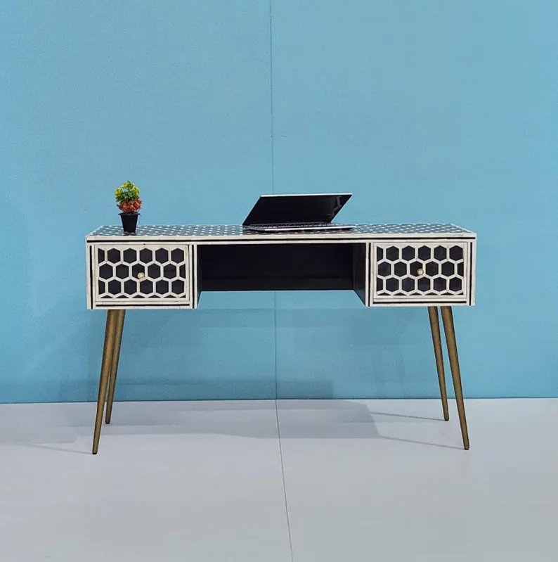 Handmade Bone Inlay Study / Console Desk – Modern Hexagon Design with Brass Legs