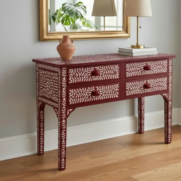 10 Handcrafted Bone Inlay Desk: Floral Elegance, 4-Drawer Console Table