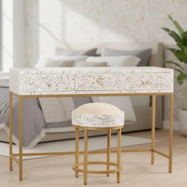 Mother of Pearl Inlay Vanity & Stool Set Handmade Floral Dressing Table