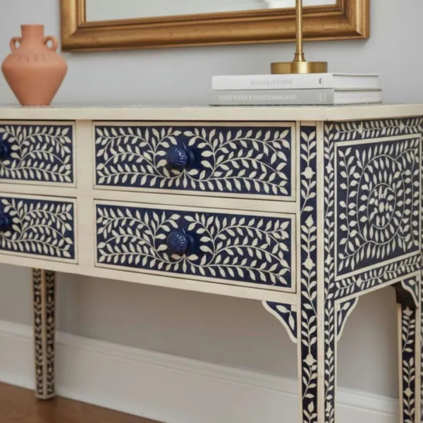 2 Handcrafted Bone Inlay Desk: Floral Elegance, 4-Drawer Console Table