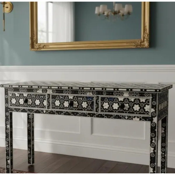 2 Handmade Bone Inlay Console Table: Geometric Boho Desk