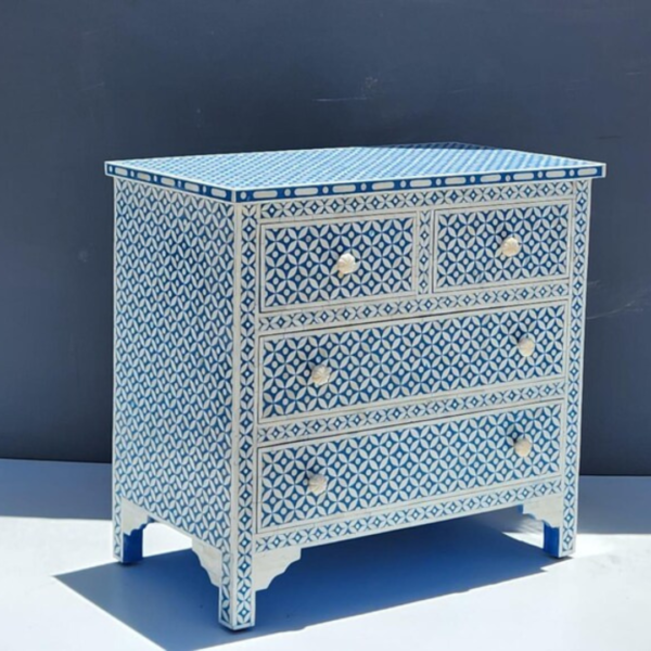 2 Bone Inlay Chest of Drawers: Blue Geometric Accent Furniture