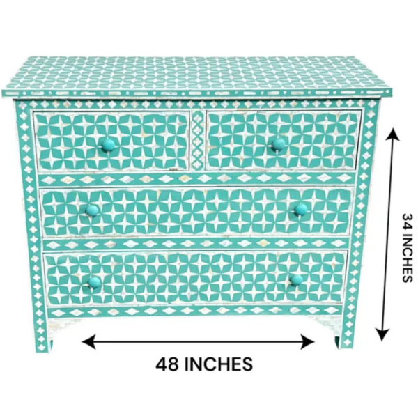 2 Mother of Pearl Inlay Dresser: Teal Geometric Bohemian Accent Cabinet