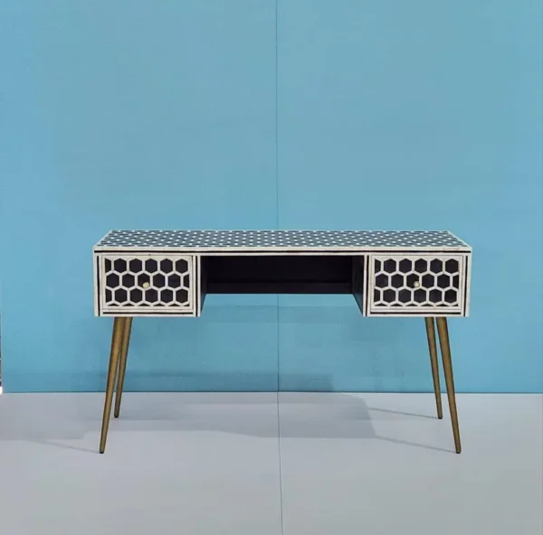 2 Handmade Bone Inlay Study / Console Desk – Modern Hexagon Design with Brass Legs