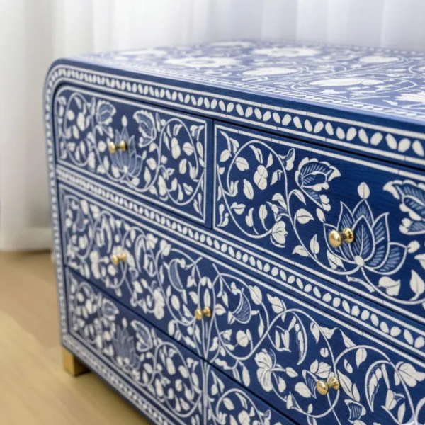 Handmade Bone Inlay Chest of Drawers: Blue Floral Dresser