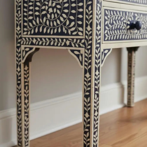 3 Handcrafted Bone Inlay Desk: Floral Elegance, 4-Drawer Console Table