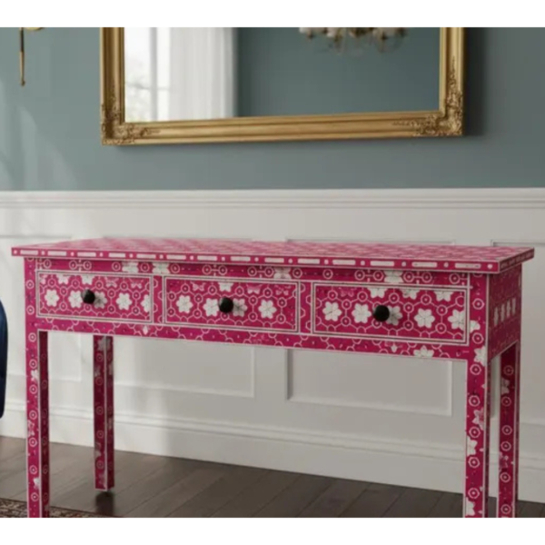 3 Handmade Bone Inlay Console Table: Geometric Boho Desk