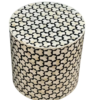 3 Bone Inlay Drum Side Table: Handmade Black & White Geometric Accent Table
