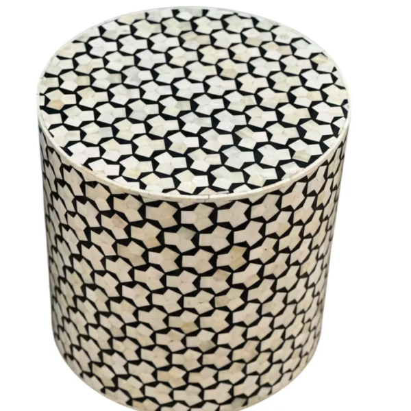 3 Bone Inlay Drum Side Table: Handmade Black & White Geometric Accent Table
