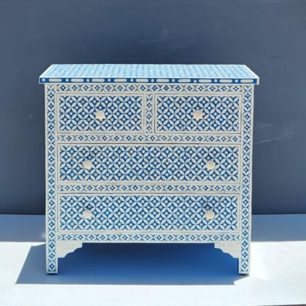 3 Bone Inlay Chest of Drawers: Blue Geometric Accent Furniture