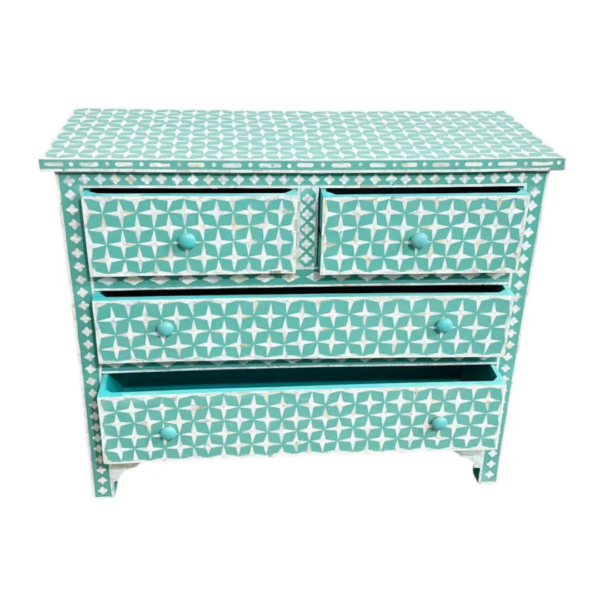 3 Mother of Pearl Inlay Dresser: Teal Geometric Bohemian Accent Cabinet