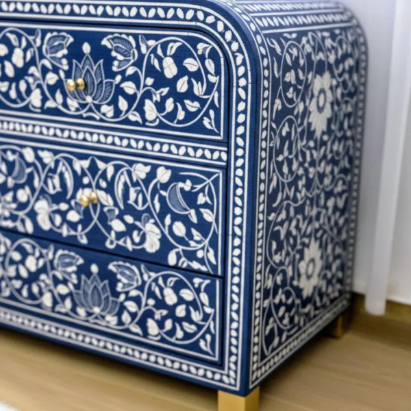 Handmade Bone Inlay Chest of Drawers: Blue Floral Dresser