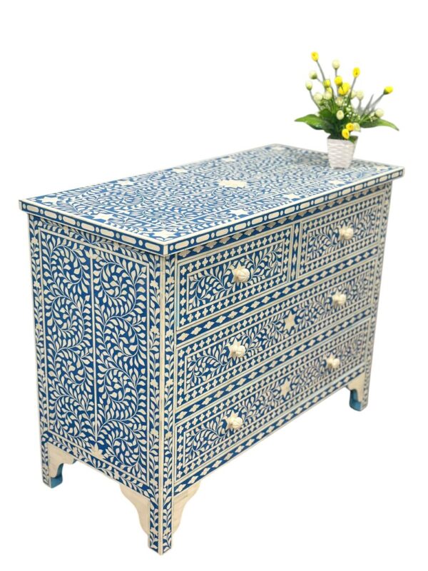 3 Royal Blue Floral Bone Inlay Dresser: Handcrafted Indian Chest