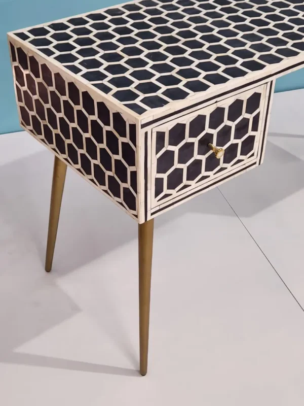 3 Handmade Bone Inlay Study / Console Desk – Modern Hexagon Design with Brass Legs