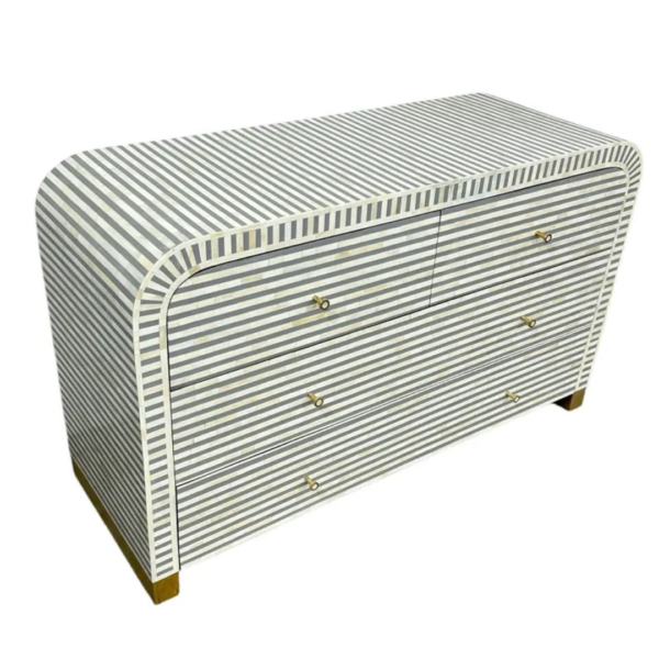 Handmade Bone Inlay Dresser: Grey White Striped 6-Drawer Cabinet