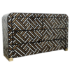 3 Bone Inlay Dresser | Brown Geometric Chest of Drawers | Rattan Basketweave Accent | Modern Luxury Storage